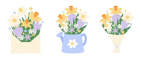 Fototapeta premium Set of beautiful spring bouquet. Vector creative bouquets with spring hand-drawn wildflowers: crocuses, daisies, narcissus. Seasonal decorative elements for ads, branding, cover, card.