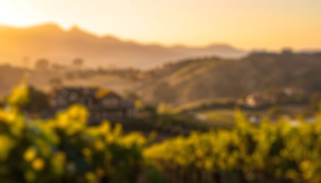 Blurred Vineyard Estate Rolling Hills Golden Sunset Warm Bokeh Background. Modern blurred background photo for banner, poster or magazine and website background.