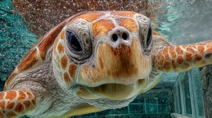 Close-up of a sea turtle swimming underwater, showcasing its beautiful shell and face.
