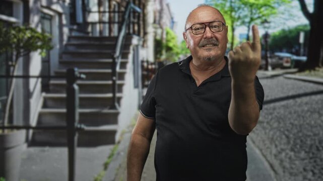 Senior hispanic man shows middle finger toward camera on a cobblestone street by a townhouse stoop; defiance.