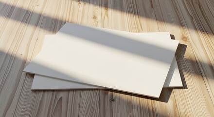 Fototapeta premium Blank white cards on wooden table with natural light shadows