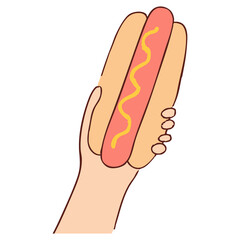 hands with takeout hot dog illustration