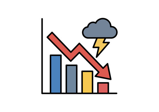 Gr&aacute;fico de barras descendente con flecha roja y nube de tormenta que simboliza crisis econ&oacute;mica o fracaso financiero