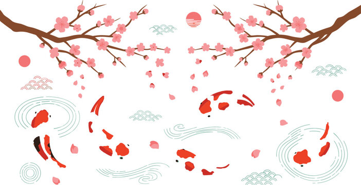 Japanese koi fish and sakura vector set with cherry blossom branches, water ripples, and traditional oriental decorative elements