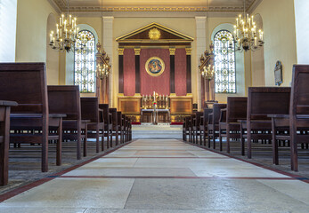 London, UK - May 13, 2025 - Affectionately known as 'the Actors' Church,' St Paul's in Covent Garden stands as a masterpiece of Tuscan-style architecture, its interior reflecting the dignified simplic