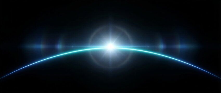 Bright sunrise over blue planet orbit in outer space, glowing cosmic horizon and stars in dark infinite galaxy background concept.