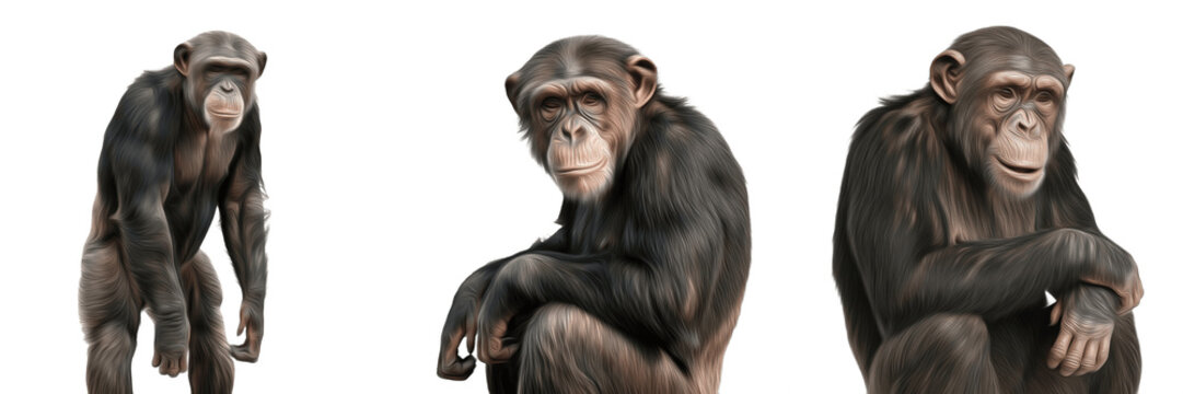 Set of three common chimpanzees in various poses isolated on white background, intelligent great apes with black fur and expressive faces