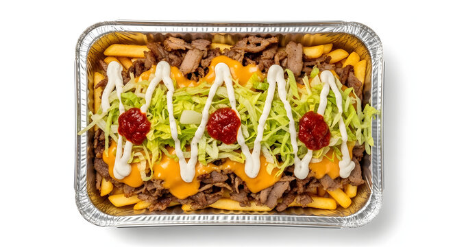 Dutch Kapsalon featuring fries, shawarma, melted cheese, and salad with sauces, isolated on a pure white background
