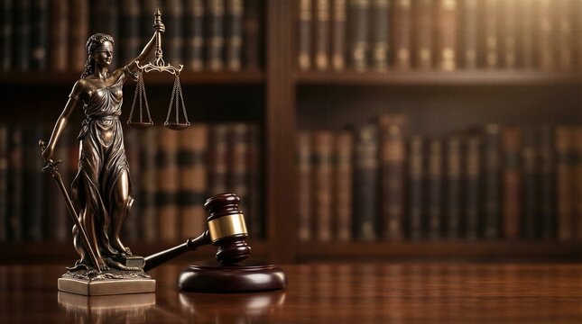 Bronze blindfolded Lady Justice statue and wooden judge gavel on polished desk with blurred bookshelf background representing law and jurisprudence.