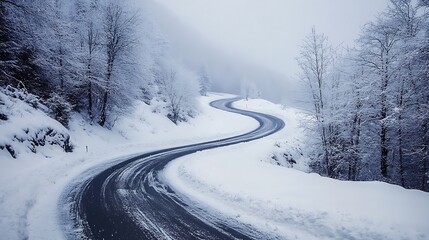 Obraz premium Winding road through snow covered forest during winter day scene