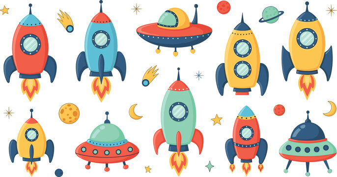 Cute cartoon rockets and flying UFO spaceships collection with planets stars moon and space elements vector illustration set