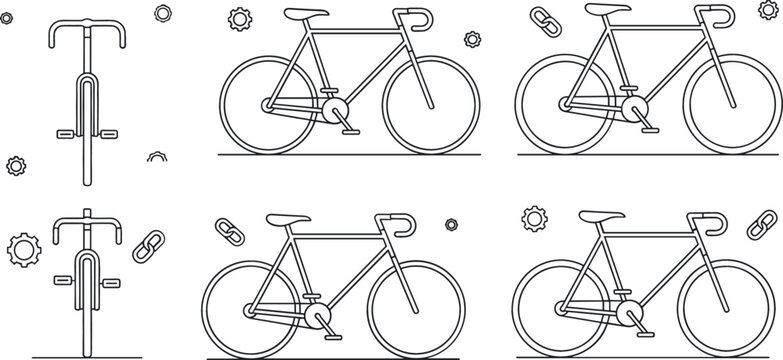 Road bicycle outline vector set with cycling bikes in side and front views, minimal line art transportation illustration collection