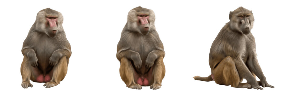 Set of three hamadryas baboons sitting in different poses isolated on white background, majestic male baboons with silvery-grey manes
