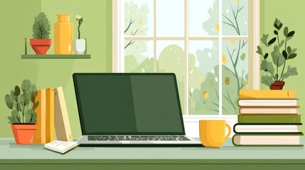 Fototapeta premium Cozy Home Office Workspace with Laptop, Books, and Plants by the Window.