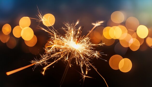 a sparkler burning brightly against a blurred background of bokeh lights glow