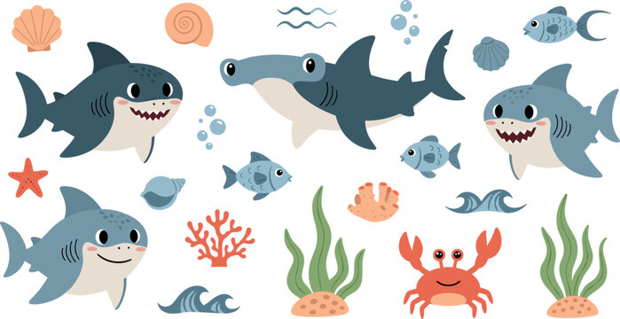Cute cartoon shark and ocean animals character set with fish crab coral seashell seaweed underwater vector illustration