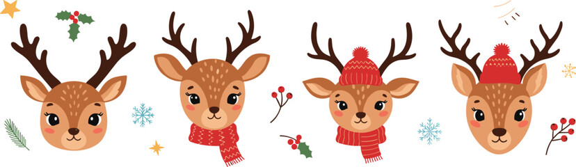 Cute Christmas reindeer face set with winter hat scarf holly berries festive kawaii vector illustration collection © Lunavera art