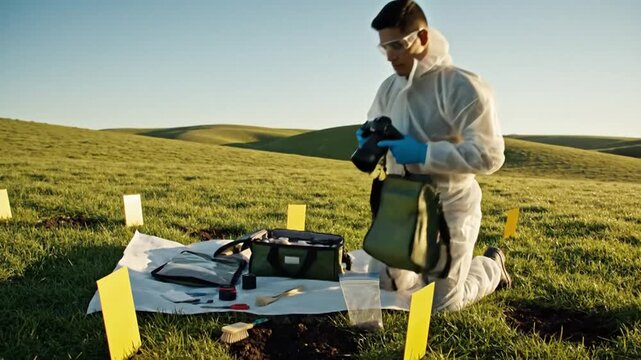 A person in a protective suit examines soil samples in a grassy field, surrounded by markers, potentially for scientific research or environmental analysis under a clear, sunny sky