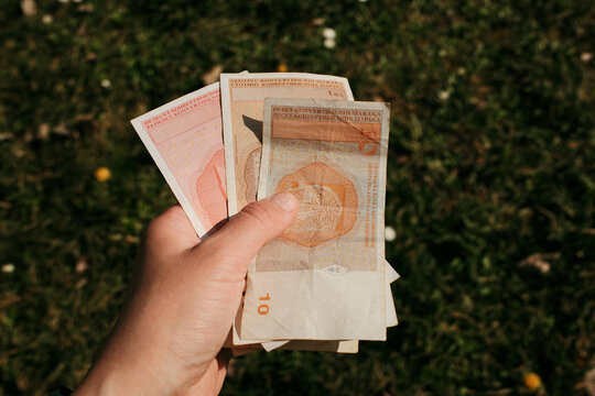 Hand holding Bosnia and Herzegovina convertible mark banknotes outdoors on grass background. Financial concept of cash payment, currency exchange, and personal finance.