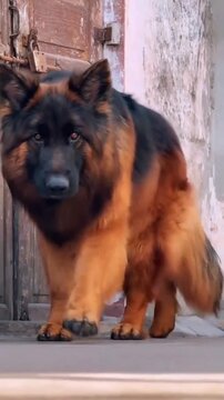 Long haired german shepherd dog walking towards camera with intense gaze outside doorway