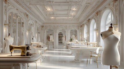 Stunning photorealistic photograph of an empty high fashion design atelier, featuring blank white dressmaker mannequins and fabric rolls.