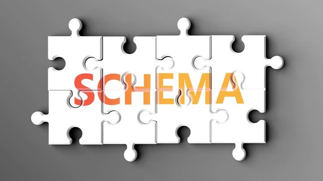 Schema being a complex topic - puzzle pieces with word schema coming together to make a whole. Schema made of many fitting parts, a compound subject.