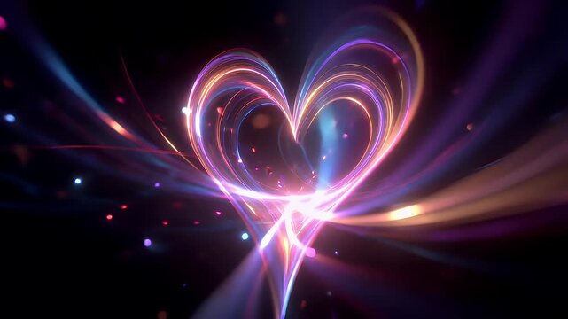 Romantic love theme for Valentines Day. A vibrant, abstract digital artwork of a glowing heart on a dark background, rendered in high definition , suitable for use as a wallpaper or background.