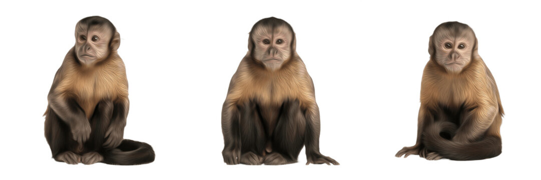 Set of three tufted capuchin monkeys sitting in different calm poses isolated on white background