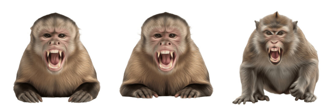 Set of three aggressive monkeys showing teeth and screaming in angry poses isolated on white background