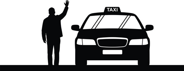 Black silhouette of a male passenger waving hand to hail a taxi cab on city street isolated on white background vector. © Md nasir