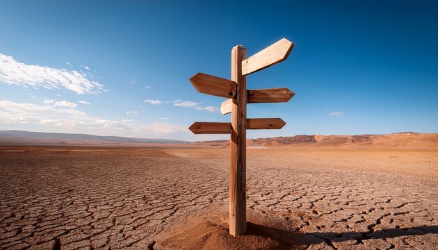 a directional signpost in a vast dry landscape under a blue sky symbolizing the choices and paths one can take in life