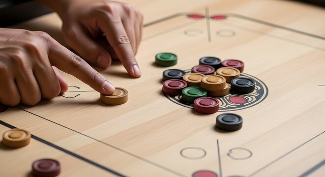 Close-up of a person's hands playing carrom, a popular board game of skill and strategy, with colorful discs on a wooden board with a North African