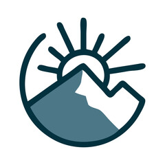 Logo agencia de viajes. Vacaciones de verano. Dibujo sencillo con líneas de un paisaje con montaña y sol con círculo  © teracreonte