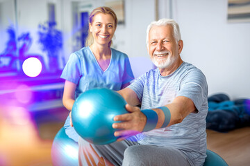 Hombre mayor sentado en una pelota de ejercicios sostiene otra pelota, asistido por un profesional de la salud sonriente en un centro de rehabilitación. Campañas de bienestar y rehabilitación. 