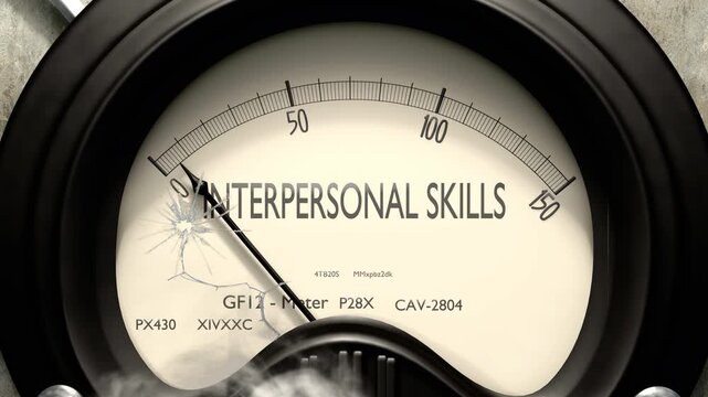 Interpersonal skills meter showing low levels of interpersonal skills. Minimum and decreasing interpersonal skills value, below the norm. Lack of interpersonal skills. None of it, insufficient.