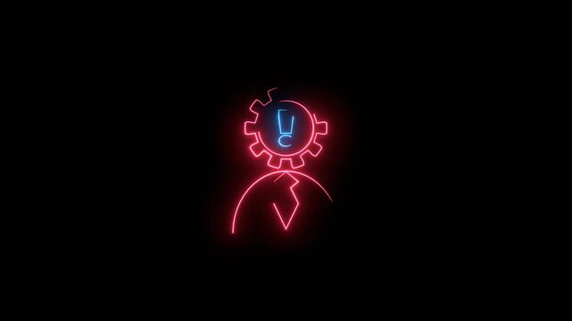 Exclamation mark in the head of a person. Gear head businessman. Brainwork, idea appearance. Neon glowing.