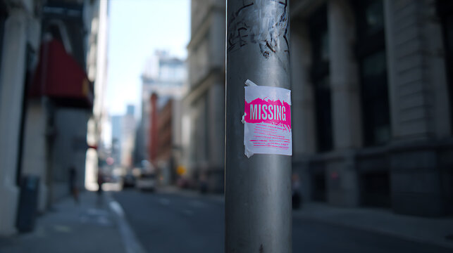 Close-up of a weather-worn missing poster attached to a metal utility pole in an urban setting with a blurred background street, daytime light