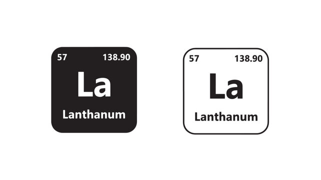 Lanthanum element symbol La with atomic number 57 and atomic weight 138.90 shown in two different graphical styles, black and white