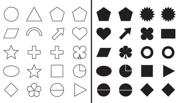 Shapes outlined and filled set with geometric and symbolic icons on a white background, graphic design elements