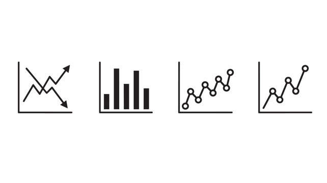 Graphs set with line charts, bar chart, and scatter plot for financial data visualization and analysis