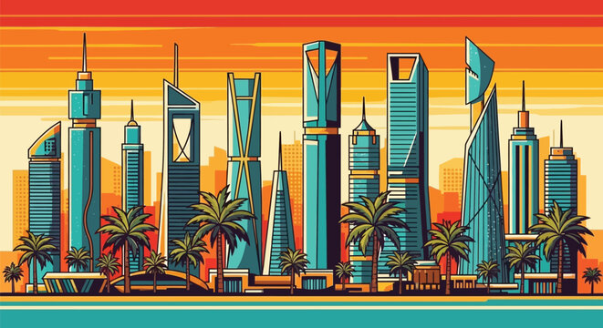 Kuwait City skyline, modern buildings, palm trees, sunset, vector illustration