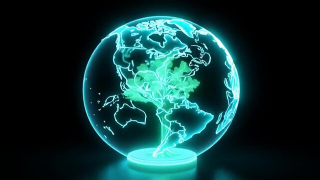 glowing neon environment icon isolated on black background. Earth Concept. The have a growth in tree inside globe  globe tree icon Earth and environment protection  social responsibility for nature.