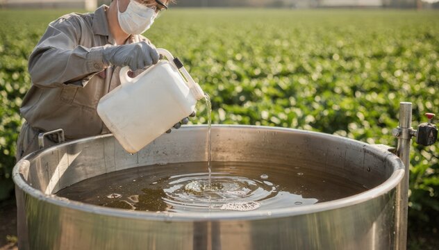 Medium shot of a technician pouring nonionic agricultural adjuvant into a mixing tank enhancing pesticide spread for uniform crop protection under bright daylight.