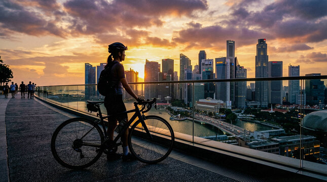 Silueta de ciclista con bicicleta frente a la ciudad al atardecer. Concepto de movilidad urbana, deporte y estilo de vida.