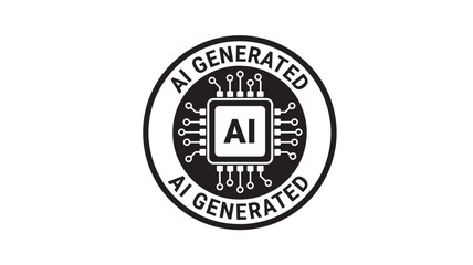 Chip computer icon with "AI GENERATED" text in a circle, symbolizing artificial intelligence creation and digital technology innovation.