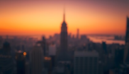 Fototapeta premium Blurred City Skyline Tower Silhouette Vivid Orange Sunset Gradient Bokeh Background. Modern blurred background photo for banner, poster or magazine and website background.