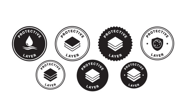 Protective layer icons showing waterproof, multi layer, and shield symbols in black and white circles.