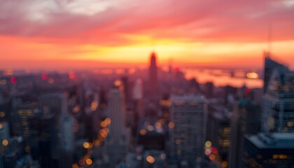 Obraz premium Blurred Aerial City Skyline Sunset Orange Pink Sky Urban Bokeh Background. Modern blurred background photo for banner, poster or magazine and website background.