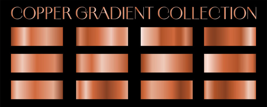 Copper gradients collection. Luxury set of pale copper gradient swatches. Metallic textures with polished foil shine and satin smooth. Premium design palette