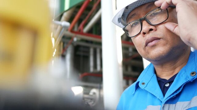 Oil refinery engineer analyzing and checking process equipment inside a modern petroleum facility, representing industrial safety standards, engineering precision, and advanced energy production syste